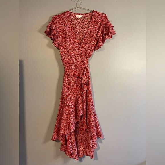 Max Studio Red Floral Ruffle Sleeve Wrap High Low Hem Dress | SZ S - Picture 12 of 17